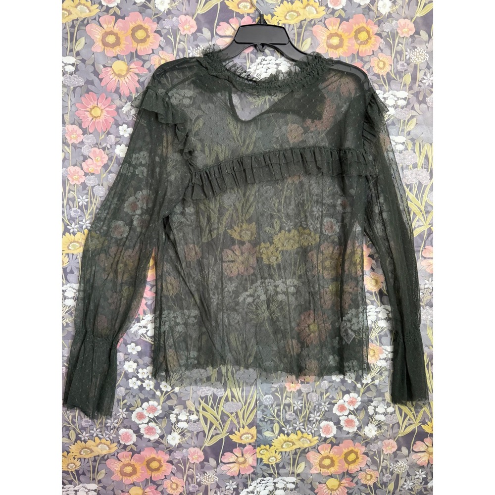 Hinge Sheer Dotted Ruffle Long Sleeve Top Women's XL forest Green